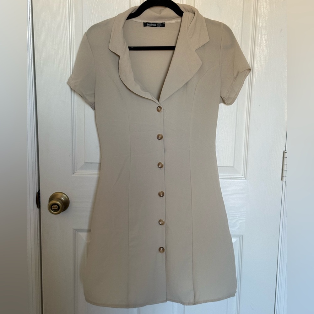 Boohoo Beige Button-Up Mini Dress